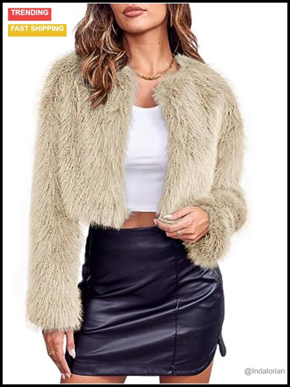 Womens Cropped Faux Fur Jacket Long Sleeve Fluffy Shaggy Coat